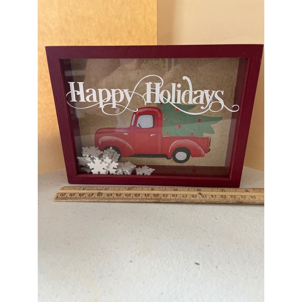 Happy Holidays Red Truck Shadow Box Christmas Decor Wall Art 8x6